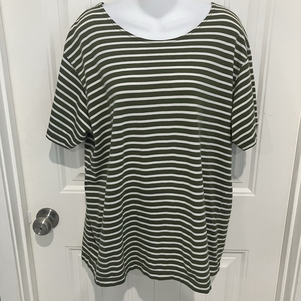 American Weekend Woman's Green Striped Short Sleeved Pullover Top Large